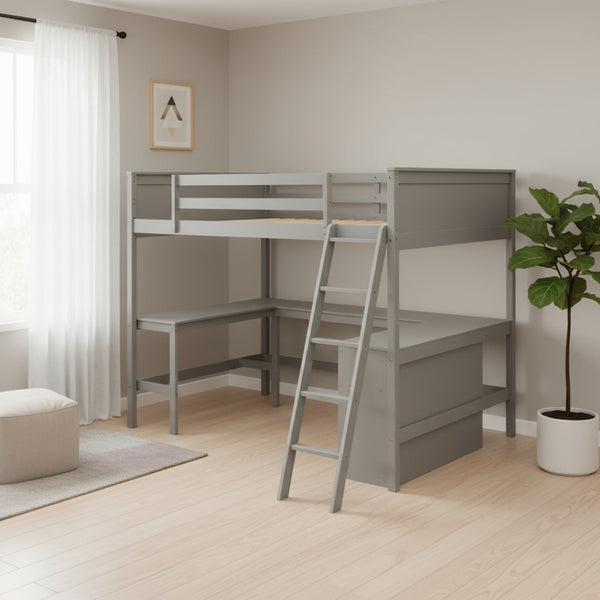 HomeRoots Gray Solid Wood Loft Bed with Desk & Shelves - Space-Saving Design for Modern Bedrooms & Studies 606565