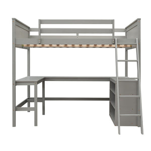 HomeRoots Gray Solid Wood Loft Bed with Desk & Shelves - Space-Saving Design for Modern Bedrooms & Studies 606565