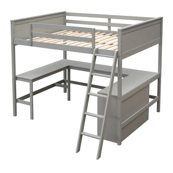 HomeRoots Gray Solid Wood Loft Bed with Desk & Shelves - Space-Saving Design for Modern Bedrooms & Studies 606565