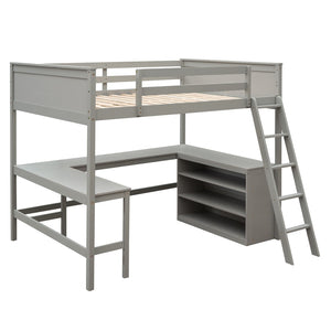 HomeRoots Gray Solid Wood Loft Bed with Desk & Shelves - Space-Saving Design for Modern Bedrooms & Studies 606565