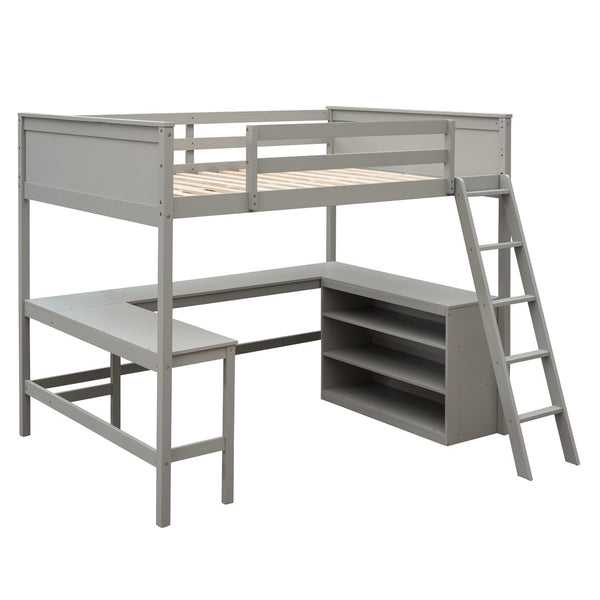 HomeRoots Gray Solid Wood Loft Bed with Desk & Shelves - Space-Saving Design for Modern Bedrooms & Studies 606565