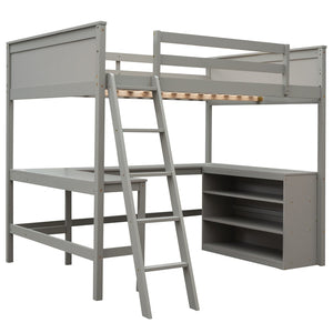 HomeRoots Gray Solid Wood Loft Bed with Desk & Shelves - Space-Saving Design for Modern Bedrooms & Studies 606565