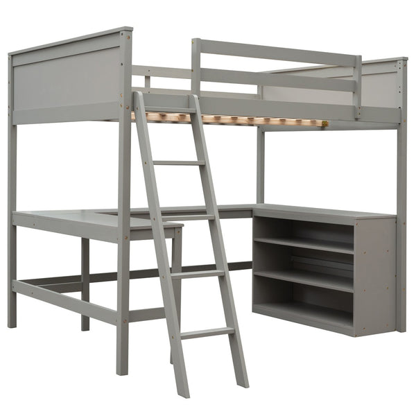 HomeRoots Gray Solid Wood Loft Bed with Desk & Shelves - Space-Saving Design for Modern Bedrooms & Studies 606565