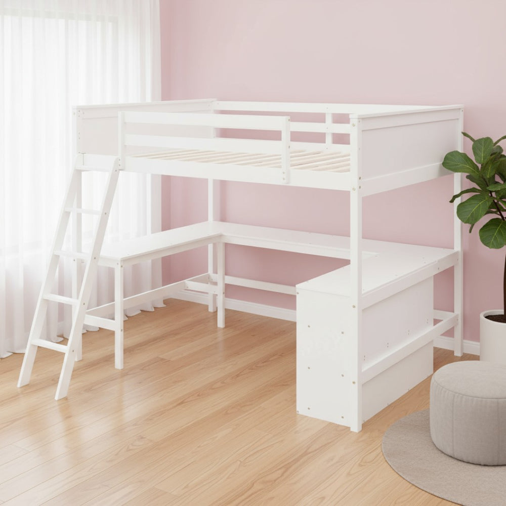 HomeRoots White Solid Wood Loft Bed with Desk & Shelves - Space-Saving Full/Dual Design for Home & Study 606566