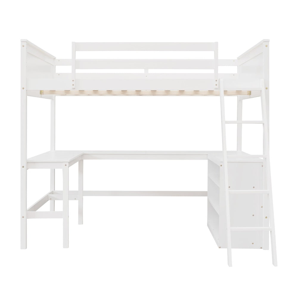 HomeRoots White Solid Wood Loft Bed with Desk & Shelves - Space-Saving Full/Dual Design for Home & Study 606566