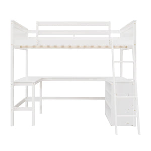 HomeRoots White Solid Wood Loft Bed with Desk & Shelves - Space-Saving Full/Dual Design for Home & Study 606566