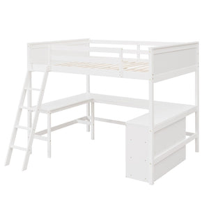 HomeRoots White Solid Wood Loft Bed with Desk & Shelves - Space-Saving Full/Dual Design for Home & Study 606566