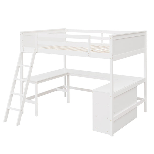 HomeRoots White Solid Wood Loft Bed with Desk & Shelves - Space-Saving Full/Dual Design for Home & Study 606566