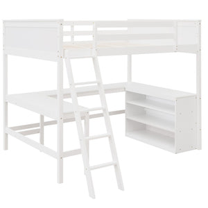 HomeRoots White Solid Wood Loft Bed with Desk & Shelves - Space-Saving Full/Dual Design for Home & Study 606566