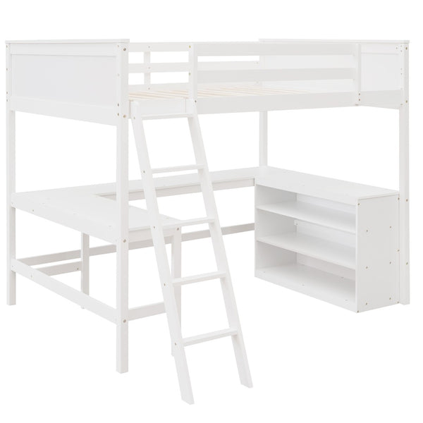 HomeRoots White Solid Wood Loft Bed with Desk & Shelves - Space-Saving Full/Dual Design for Home & Study 606566