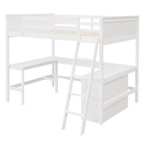 HomeRoots White Solid Wood Loft Bed with Desk & Shelves - Space-Saving Full/Dual Design for Home & Study 606566