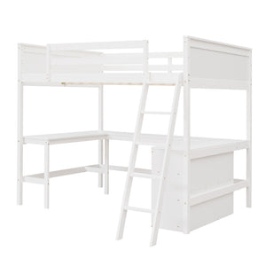 HomeRoots White Solid Wood Loft Bed with Desk & Shelves - Space-Saving Full/Dual Design for Home & Study 606566