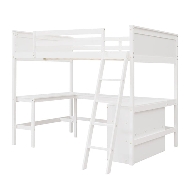 HomeRoots White Solid Wood Loft Bed with Desk & Shelves - Space-Saving Full/Dual Design for Home & Study 606566