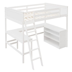 HomeRoots White Solid Wood Loft Bed with Desk & Shelves - Space-Saving Full/Dual Design for Home & Study 606566