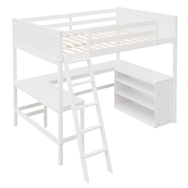 HomeRoots White Solid Wood Loft Bed with Desk & Shelves - Space-Saving Full/Dual Design for Home & Study 606566