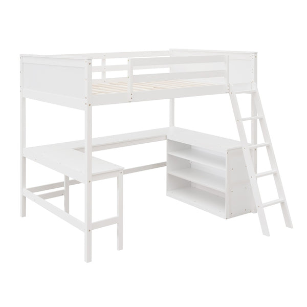 HomeRoots White Solid Wood Loft Bed with Desk & Shelves - Space-Saving Full/Dual Design for Home & Study 606566