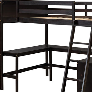 HomeRoots Espresso Solid Wood Loft Bed with Integrated Desk & Shelves - Space-Saving Design for Stylish Rooms 606567