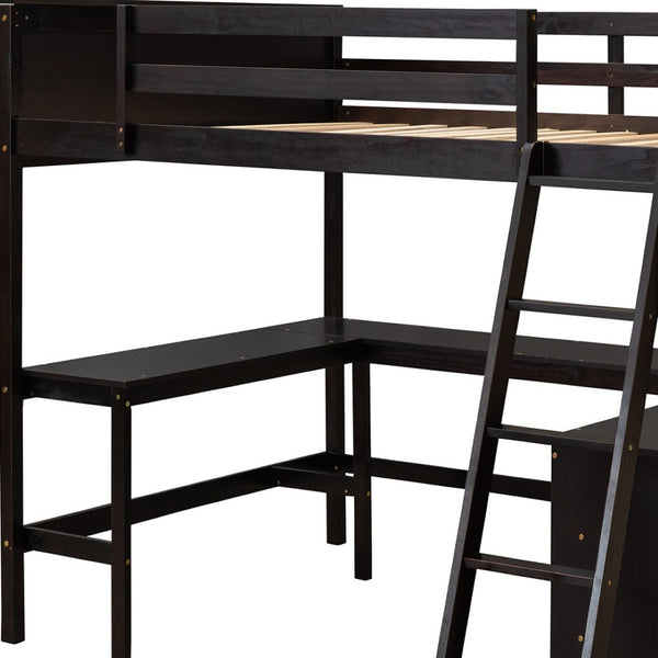 HomeRoots Espresso Solid Wood Loft Bed with Integrated Desk & Shelves - Space-Saving Design for Stylish Rooms 606567