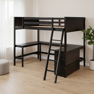 HomeRoots Espresso Solid Wood Loft Bed with Integrated Desk & Shelves - Space-Saving Design for Stylish Rooms 606567