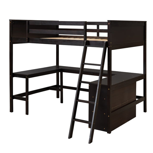 HomeRoots Espresso Solid Wood Loft Bed with Integrated Desk & Shelves - Space-Saving Design for Stylish Rooms 606567