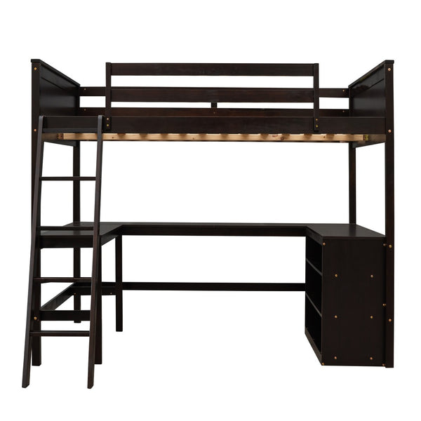 HomeRoots Espresso Solid Wood Loft Bed with Integrated Desk & Shelves - Space-Saving Design for Stylish Rooms 606567