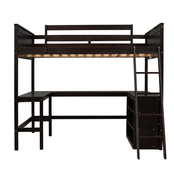 HomeRoots Espresso Solid Wood Loft Bed with Integrated Desk & Shelves - Space-Saving Design for Stylish Rooms 606567