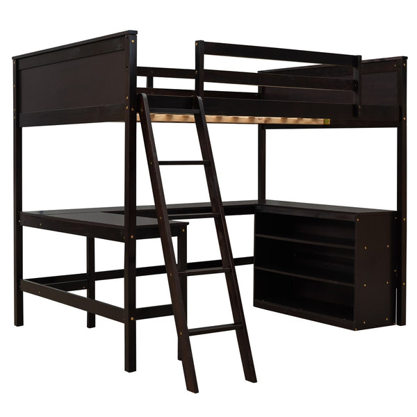 HomeRoots Espresso Solid Wood Loft Bed with Integrated Desk & Shelves - Space-Saving Design for Stylish Rooms 606567