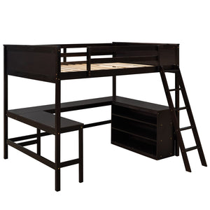 HomeRoots Espresso Solid Wood Loft Bed with Integrated Desk & Shelves - Space-Saving Design for Stylish Rooms 606567