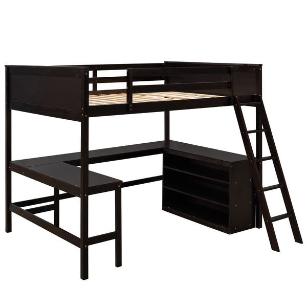 HomeRoots Espresso Solid Wood Loft Bed with Integrated Desk & Shelves - Space-Saving Design for Stylish Rooms 606567