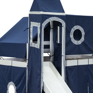 HomeRoots Blue Canopy Solid Wood Twin Loft Bed with Slide, Stairs & Storage - Perfect for Imaginative Spaces! 606568