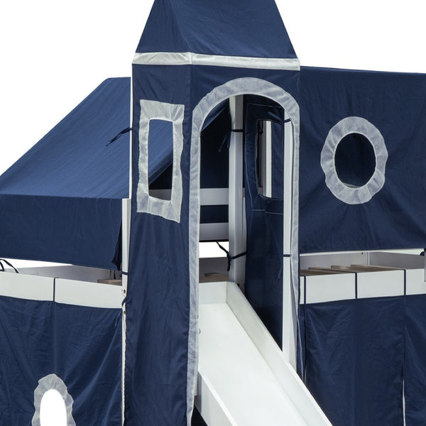 HomeRoots Blue Canopy Solid Wood Twin Loft Bed with Slide, Stairs & Storage - Perfect for Imaginative Spaces! 606568