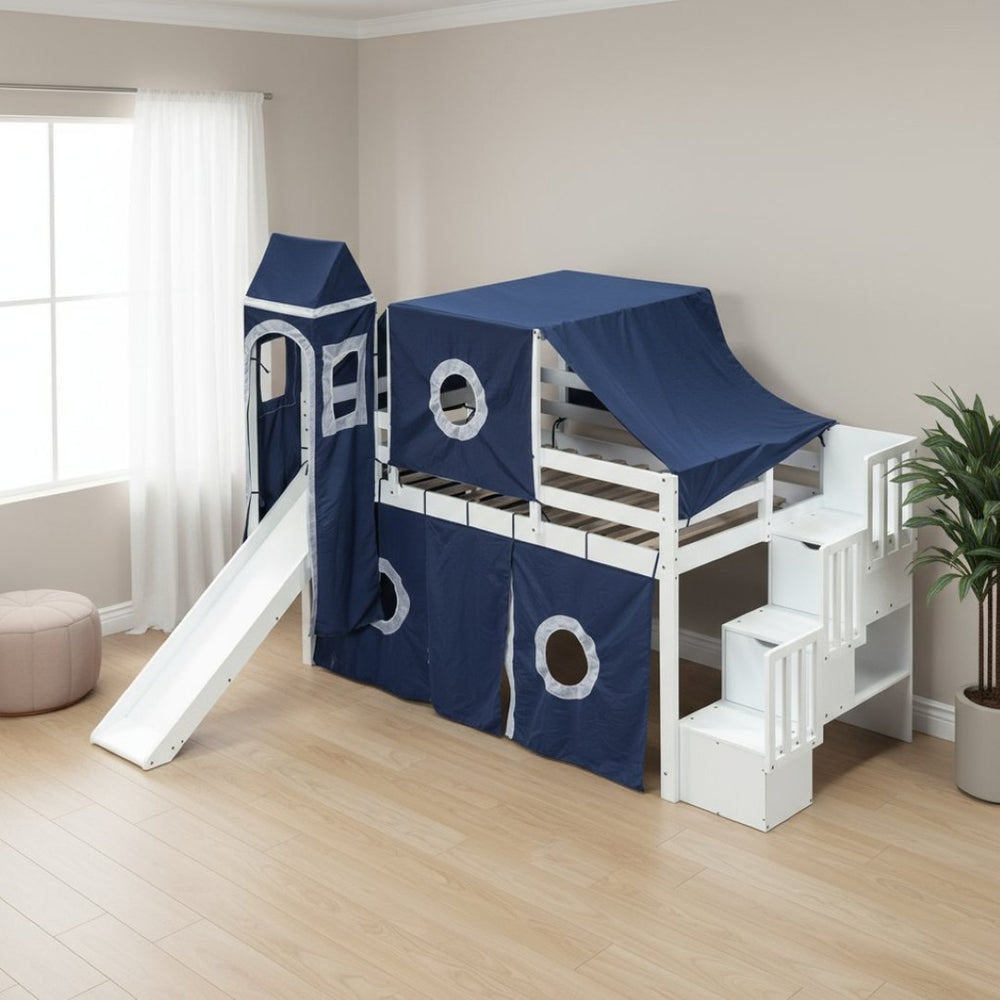 HomeRoots Blue Canopy Solid Wood Twin Loft Bed with Slide, Stairs & Storage - Perfect for Imaginative Spaces! 606568