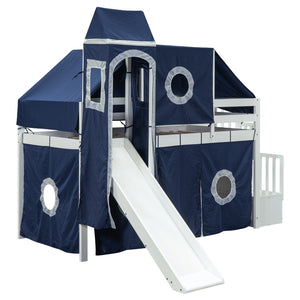 HomeRoots Blue Canopy Solid Wood Twin Loft Bed with Slide, Stairs & Storage - Perfect for Imaginative Spaces! 606568