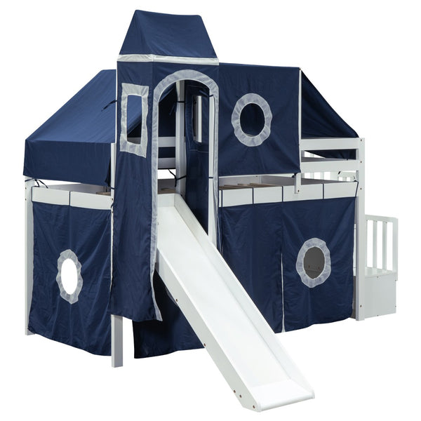 HomeRoots Blue Canopy Solid Wood Twin Loft Bed with Slide, Stairs & Storage - Perfect for Imaginative Spaces! 606568
