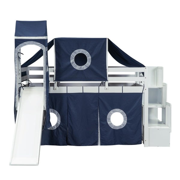 HomeRoots Blue Canopy Solid Wood Twin Loft Bed with Slide, Stairs & Storage - Perfect for Imaginative Spaces! 606568