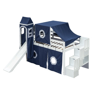 HomeRoots Blue Canopy Solid Wood Twin Loft Bed with Slide, Stairs & Storage - Perfect for Imaginative Spaces! 606568