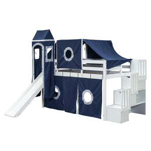 HomeRoots Blue Canopy Solid Wood Twin Loft Bed with Slide, Stairs & Storage - Perfect for Imaginative Spaces! 606568