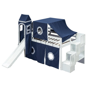 HomeRoots Blue Canopy Solid Wood Twin Loft Bed with Slide, Stairs & Storage - Perfect for Imaginative Spaces! 606568