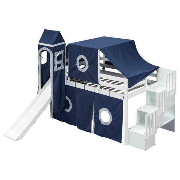 HomeRoots Blue Canopy Solid Wood Twin Loft Bed with Slide, Stairs & Storage - Perfect for Imaginative Spaces! 606568