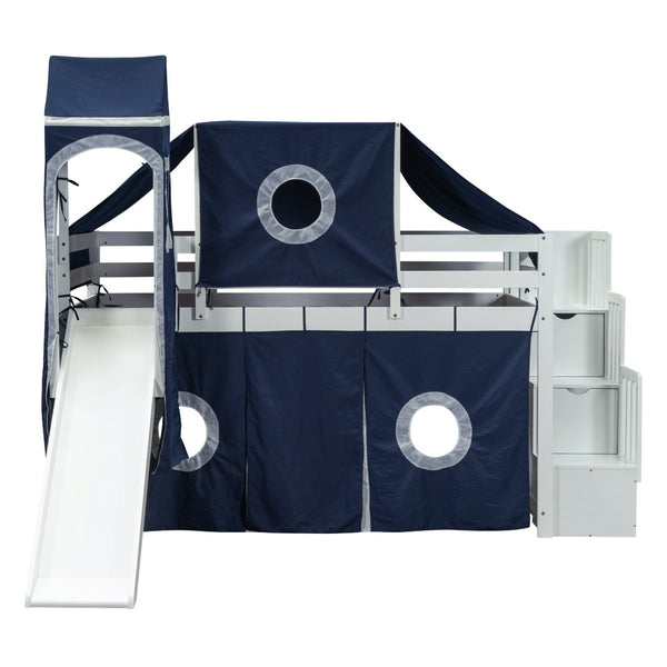 HomeRoots Blue Canopy Solid Wood Twin Loft Bed with Slide, Stairs & Storage - Perfect for Imaginative Spaces! 606568