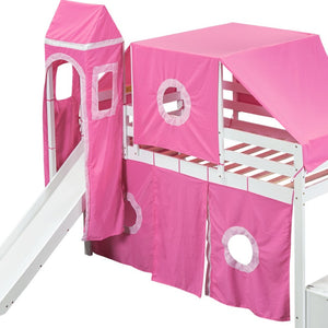 HomeRoots Pink Canopy Solid Wood Twin Loft Bed with Safe Stairs, Fun Slide, and Ample Storage Solutions 606569