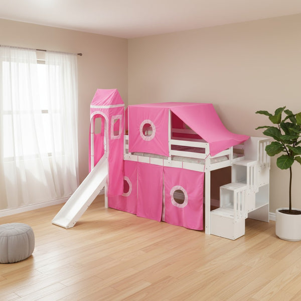 HomeRoots Pink Canopy Solid Wood Twin Loft Bed with Safe Stairs, Fun Slide, and Ample Storage Solutions 606569