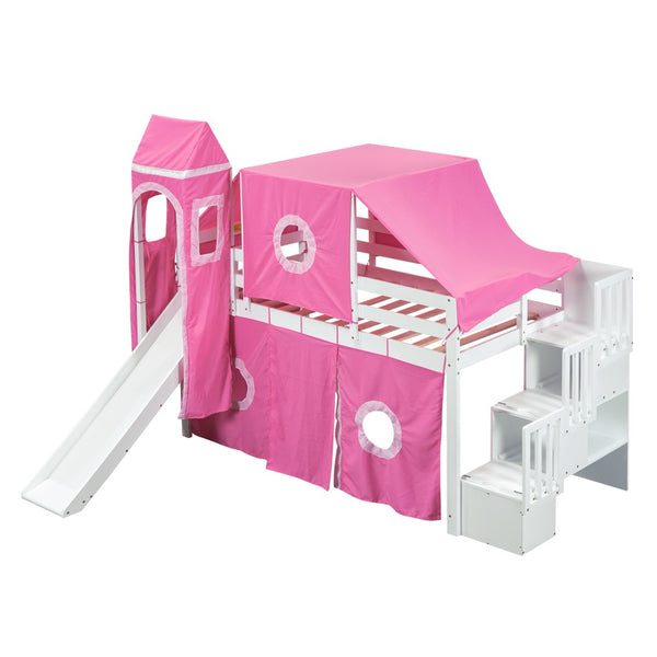 HomeRoots Pink Canopy Solid Wood Twin Loft Bed with Safe Stairs, Fun Slide, and Ample Storage Solutions 606569