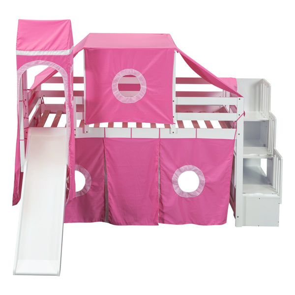 HomeRoots Pink Canopy Solid Wood Twin Loft Bed with Safe Stairs, Fun Slide, and Ample Storage Solutions 606569