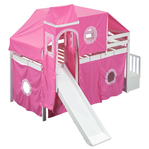 HomeRoots Pink Canopy Solid Wood Twin Loft Bed with Safe Stairs, Fun Slide, and Ample Storage Solutions 606569