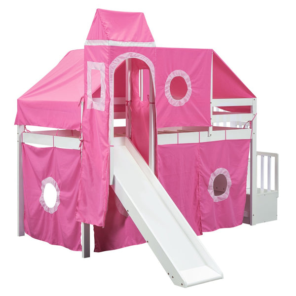HomeRoots Pink Canopy Solid Wood Twin Loft Bed with Safe Stairs, Fun Slide, and Ample Storage Solutions 606569