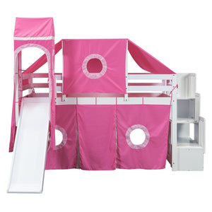 HomeRoots Pink Canopy Solid Wood Twin Loft Bed with Safe Stairs, Fun Slide, and Ample Storage Solutions 606569