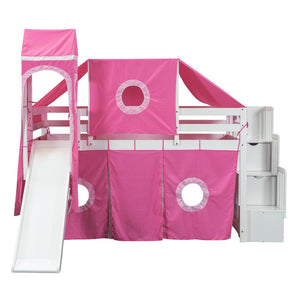 HomeRoots Pink Canopy Solid Wood Twin Loft Bed with Safe Stairs, Fun Slide, and Ample Storage Solutions 606569