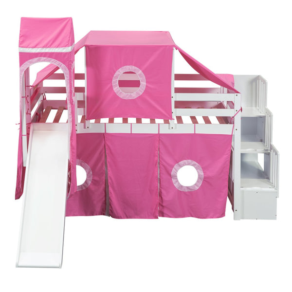 HomeRoots Pink Canopy Solid Wood Twin Loft Bed with Safe Stairs, Fun Slide, and Ample Storage Solutions 606569