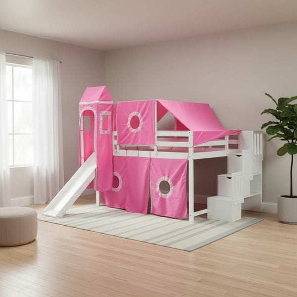 HomeRoots Pink Canopy Solid Wood Loft Bed with Fun Slide, Stairs, and Shelves - Perfect for Kids’ Rooms! 606570